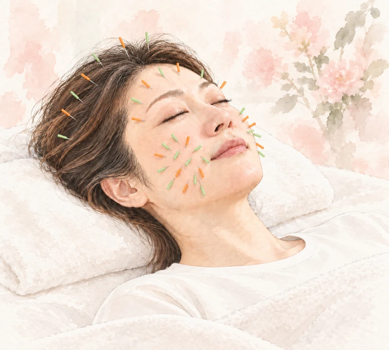 顔と頭皮に美容鍼を受ける女性のイラスト
